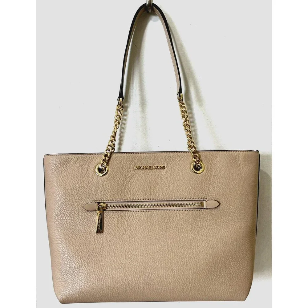 New Michael Kors Jet Set Medium Front Zip Chain Tote Leather Buff
